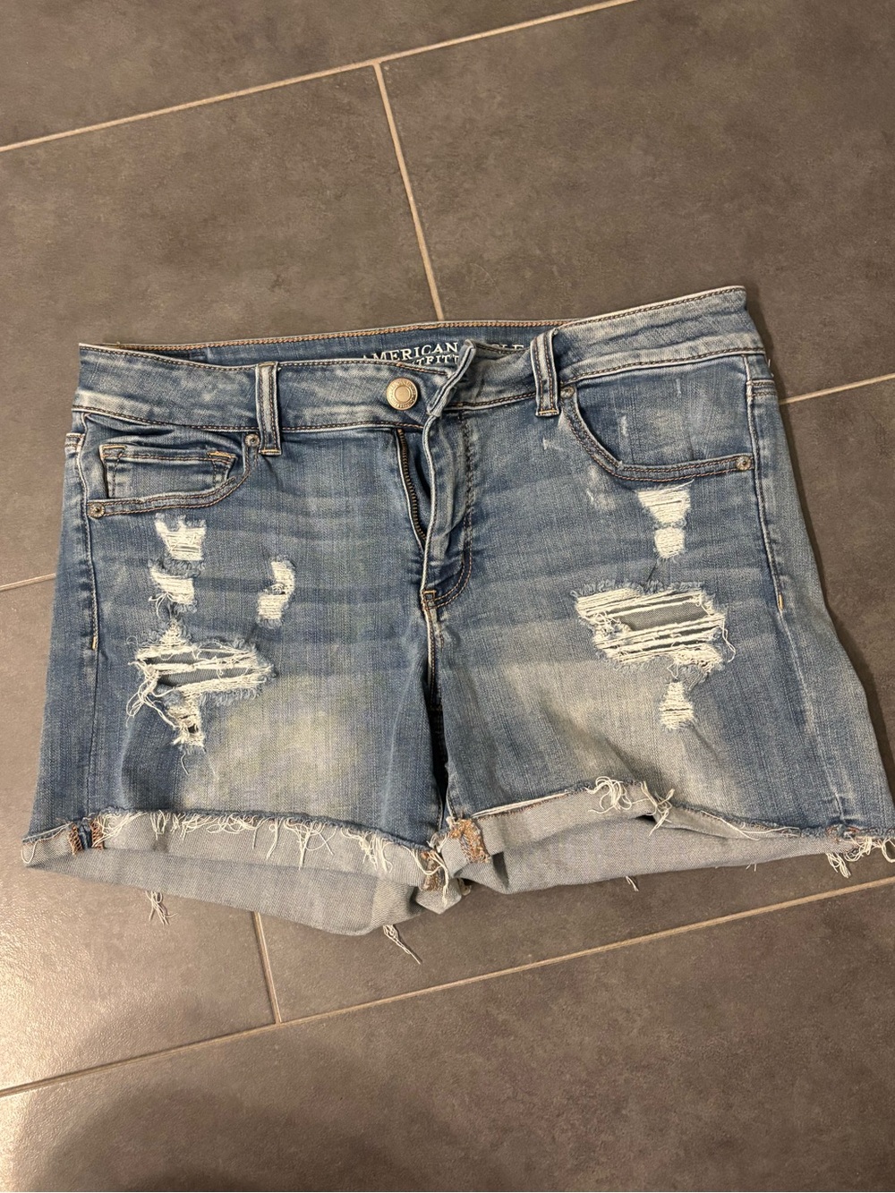 American Eagle Outfitters Light Blue Distressed Roll-Cuff Denim Shorts